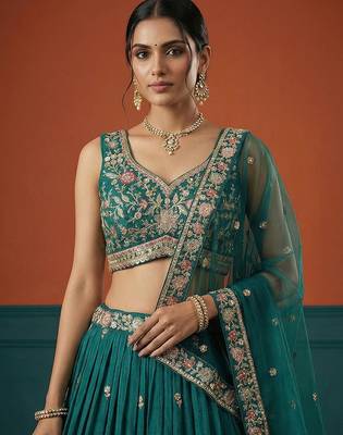 Women's Green Georgette Sequince Embroidered Lehenga Choli with Dupatta 2