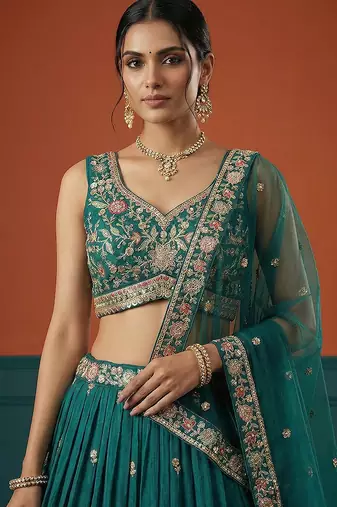Women's Green Georgette Sequince Embroidered Lehenga Choli with Dupatta