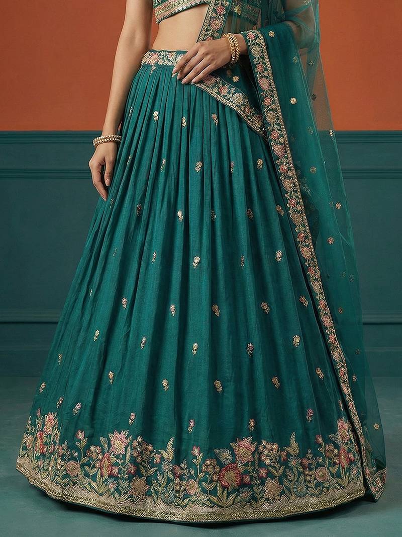 Women's Green Georgette Sequince Embroidered Lehenga Choli with Dupatta