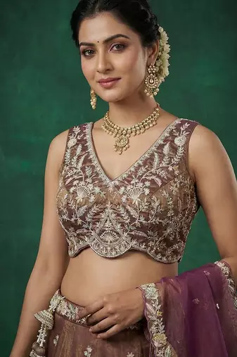 Women's Copper Brown Tissue Moti with Embroidered Lehenga Choli with Dupatta