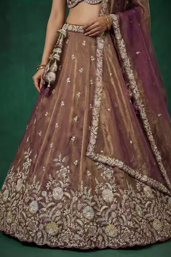 Women's Copper Brown Tissue Moti with Embroidered Lehenga Choli with Dupatta