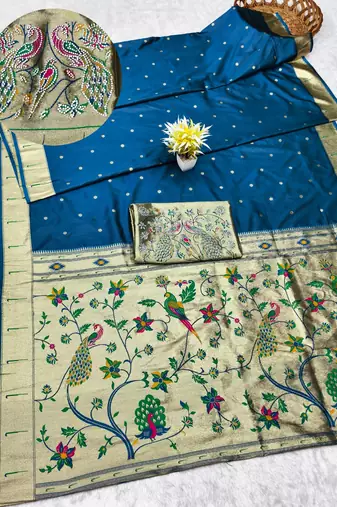 firozi zari woven paithani silk blend traditional saree with swarovski blouse piece