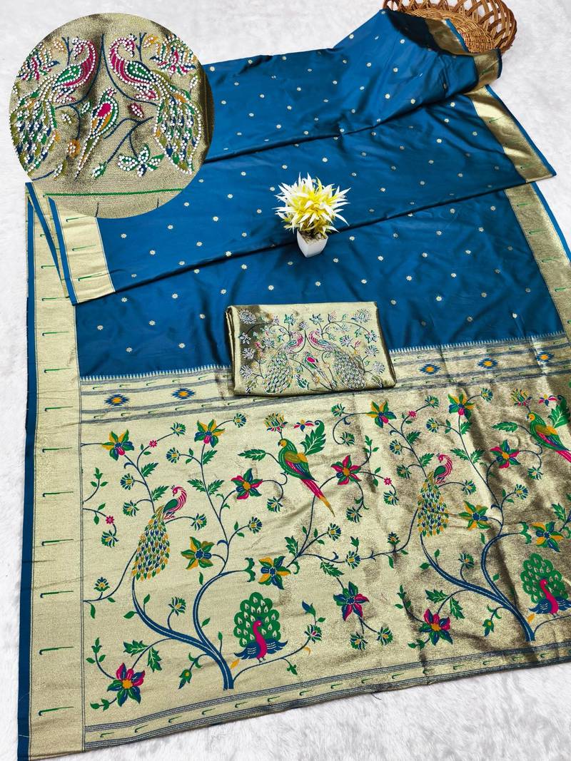firozi zari woven paithani silk blend traditional saree with swarovski blouse piece