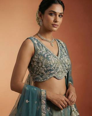 Women's Shade of Teal Tissue Moti with Embroidered Lehenga Choli with Dupatta 2