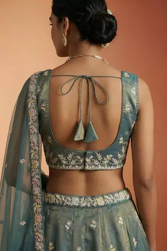 Women's Shade of Teal Tissue Moti with Embroidered Lehenga Choli with Dupatta
