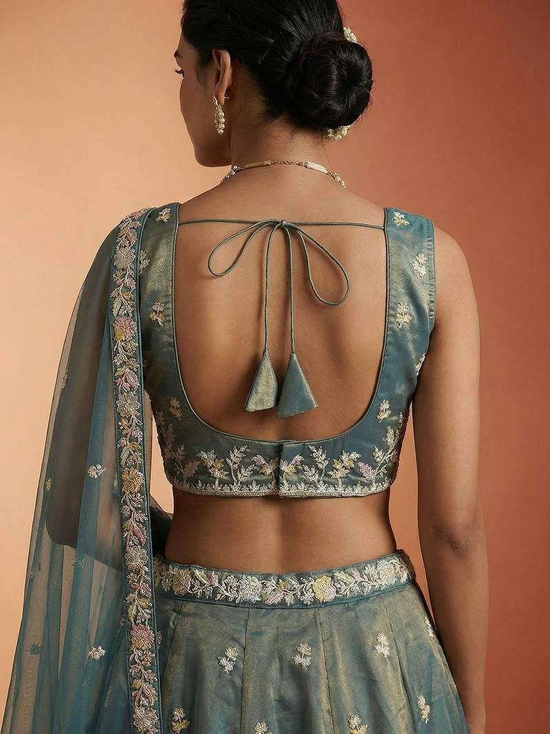 Women's Shade of Teal Tissue Moti with Embroidered Lehenga Choli with Dupatta