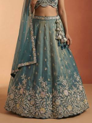 Women's Shade of Teal Tissue Moti with Embroidered Lehenga Choli with Dupatta 4