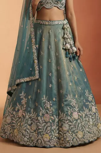 Women's Shade of Teal Tissue Moti with Embroidered Lehenga Choli with Dupatta