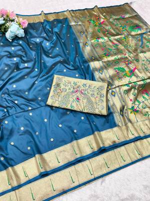 firozi zari woven paithani silk blend traditional saree with swarovski blouse piece 4