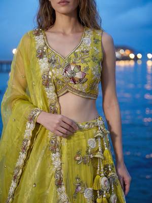Women's Yellow Tissue Woolen Embroidered Lehenga Choli with Dupatta 2