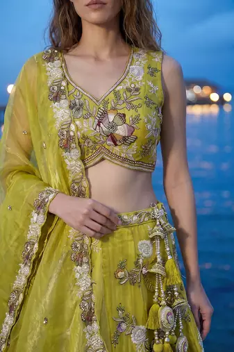 Women's Yellow Tissue Woolen Embroidered Lehenga Choli with Dupatta