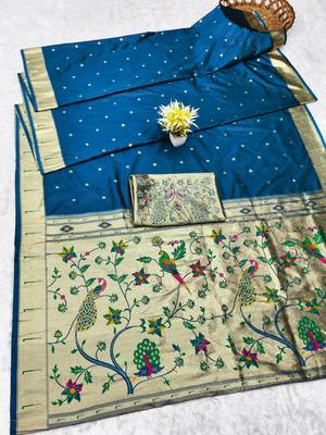 firozi zari woven paithani silk blend traditional saree with swarovski blouse piece 5
