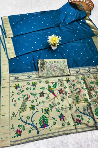 firozi zari woven paithani silk blend traditional saree with swarovski blouse piece