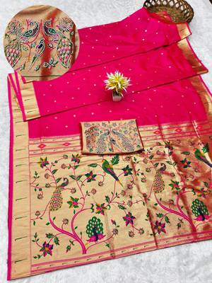 rani zari woven paithani silk blend traditional saree with swarovski blouse piece 1