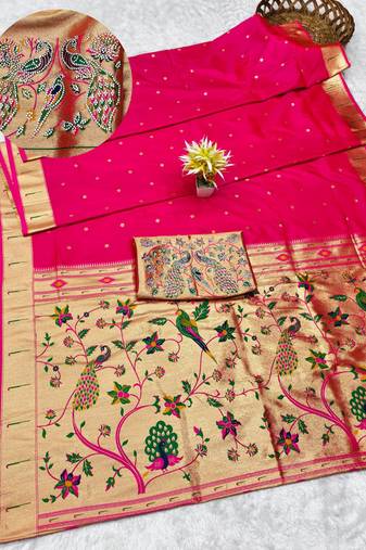 rani zari woven paithani silk blend traditional saree with swarovski blouse piece