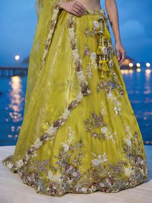 Women's Yellow Tissue Woolen Embroidered Lehenga Choli with Dupatta 1