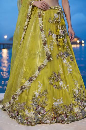 Women's Yellow Tissue Woolen Embroidered Lehenga Choli with Dupatta