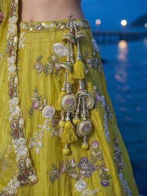 Women's Yellow Tissue Woolen Embroidered Lehenga Choli with Dupatta 5