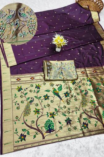 wine zari woven paithani silk blend traditional saree with swarovski blouse piece