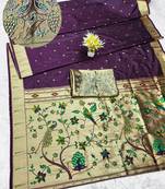 wine zari woven paithani silk blend traditional saree with swarovski blouse piece