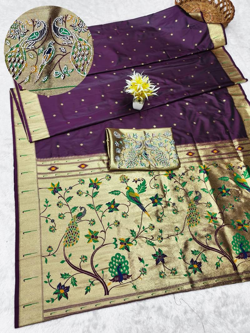 wine zari woven paithani silk blend traditional saree with swarovski blouse piece