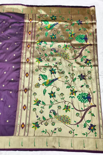 wine zari woven paithani silk blend traditional saree with swarovski blouse piece