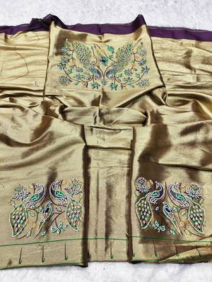 wine zari woven paithani silk blend traditional saree with swarovski blouse piece 3
