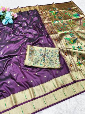 wine zari woven paithani silk blend traditional saree with swarovski blouse piece 4