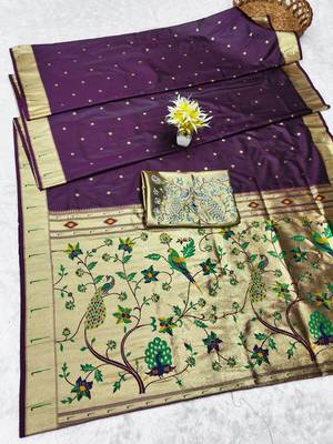 wine zari woven paithani silk blend traditional saree with swarovski blouse piece 5