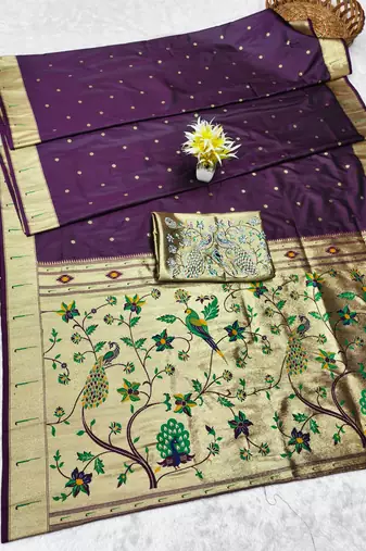 wine zari woven paithani silk blend traditional saree with swarovski blouse piece