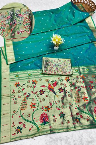 rama zari woven paithani silk blend traditional saree with swarovski blouse piece