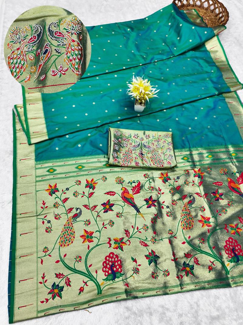 rama zari woven paithani silk blend traditional saree with swarovski blouse piece