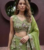Women's Pista Tissue Woolen Embroidered Lehenga Choli with Dupatta