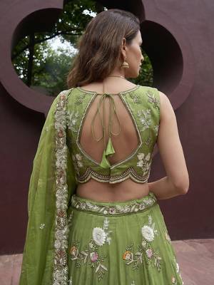 Women's Pista Tissue Woolen Embroidered Lehenga Choli with Dupatta 2