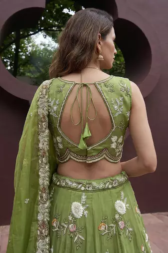 Women's Pista Tissue Woolen Embroidered Lehenga Choli with Dupatta