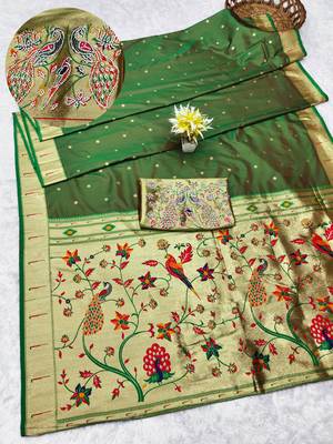 green zari woven paithani silk blend traditional saree with swarovski blouse piece 1