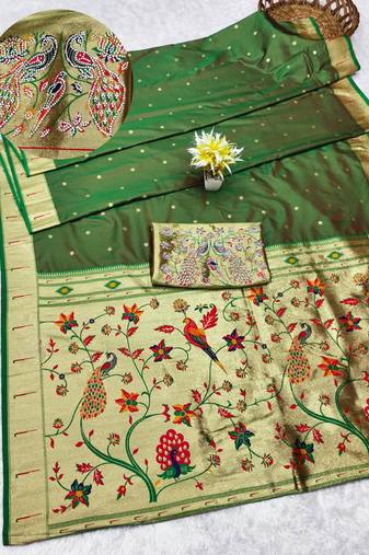 green zari woven paithani silk blend traditional saree with swarovski blouse piece