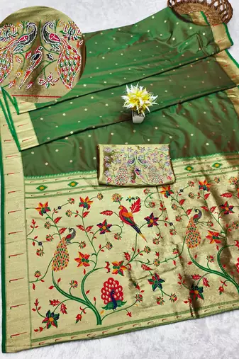 green zari woven paithani silk blend traditional saree with swarovski blouse piece