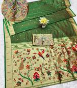 green zari woven paithani silk blend traditional saree with swarovski blouse piece