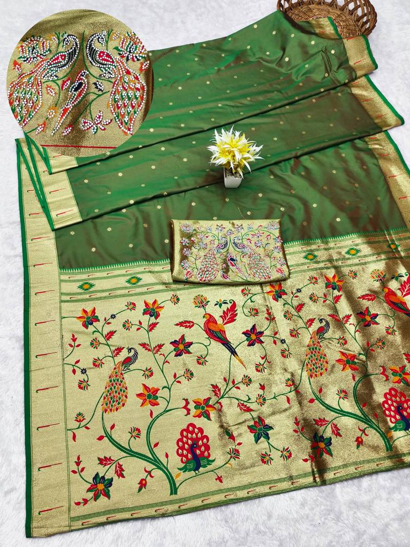 green zari woven paithani silk blend traditional saree with swarovski blouse piece