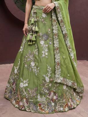 Women's Pista Tissue Woolen Embroidered Lehenga Choli with Dupatta 4