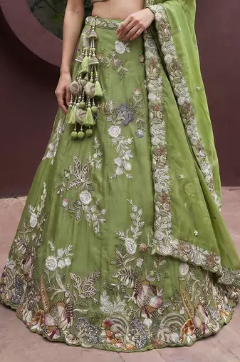 Women's Pista Tissue Woolen Embroidered Lehenga Choli with Dupatta