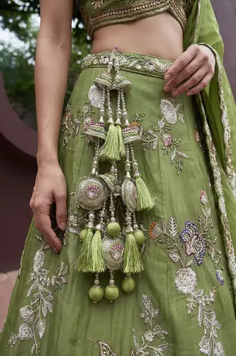Women's Pista Tissue Woolen Embroidered Lehenga Choli with Dupatta