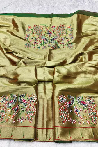 green zari woven paithani silk blend traditional saree with swarovski blouse piece