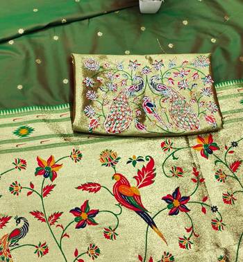 green zari woven paithani silk blend traditional saree with swarovski blouse piece 4
