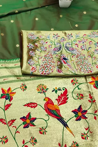 green zari woven paithani silk blend traditional saree with swarovski blouse piece