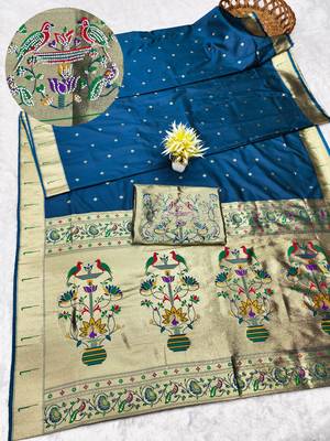 firozi zari woven paithani silk blend traditional saree with swarovski blouse piece 1