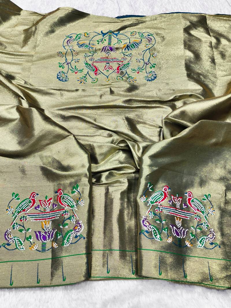 firozi zari woven paithani silk blend traditional saree with swarovski blouse piece