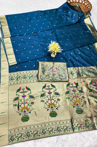 firozi zari woven paithani silk blend traditional saree with swarovski blouse piece
