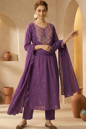 Floral Embroidered Panelled Thread Work Cotton Kurta with Trousers & With Dupatta